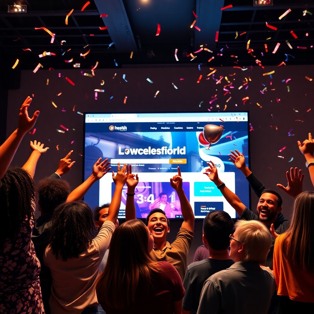 A photorealistic image of a diverse team celebrating a successful website launch.  Show a large screen displaying the live website, with celebratory confetti or balloons in the background. The team should be diverse, reflecting a collaborative and inclusive environment. Emphasize the positive energy and sense of accomplishment.