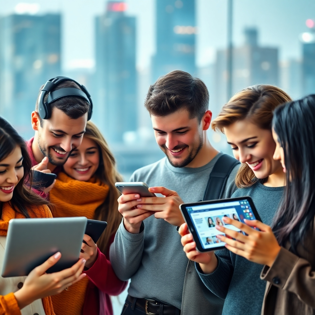 A photorealistic image of a diverse group of people of different ages and backgrounds looking at various digital devices (smartphones, laptops, tablets) showcasing different social media platforms and e-commerce websites. The background should be a blurred but modern and vibrant cityscape, symbolizing the interconnected digital world. The overall mood should be positive, dynamic and engaging, focusing on the individuals' interactions with technology.