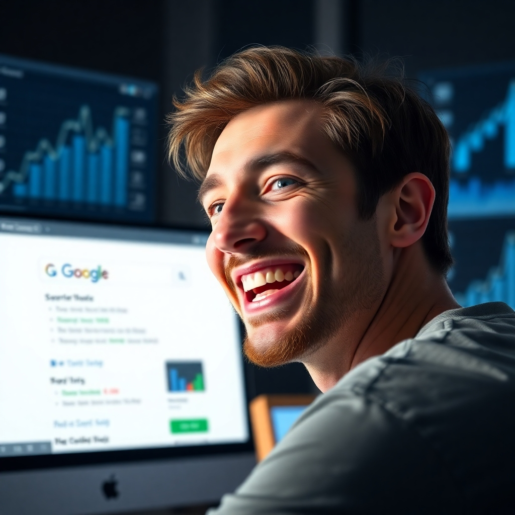 A photorealistic image of a person smiling triumphantly while looking at a computer screen showcasing a high Google search ranking for their website. The screen should clearly display the website's URL and a high position in the search results. The background should subtly display other digital marketing elements, such as charts representing website traffic growth.