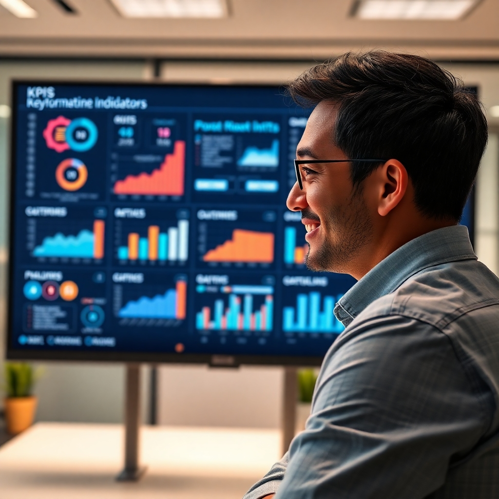 A photorealistic image of a person looking at a large screen displaying key performance indicators (KPIs) from a digital marketing campaign. The screen should be filled with charts, graphs, and data visualizations that clearly show positive results.  The person should have a look of satisfaction and understanding, emphasizing the value of data-driven decision-making.  The background can be a modern, clean office space. The overall mood should be one of success and smart decision-making.