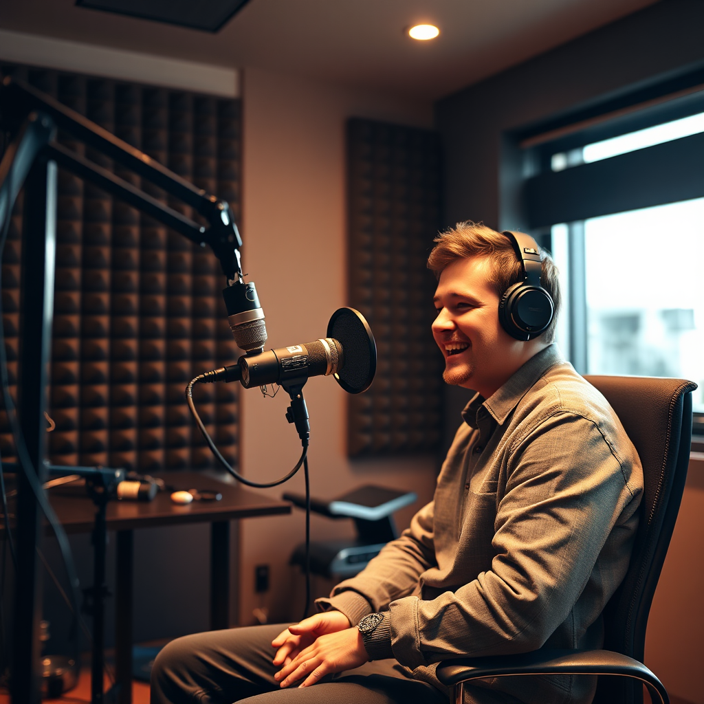 A photorealistic image of a professional podcast studio with a high-quality microphone, headphones, and soundproofing. A person is sitting at the microphone, speaking with enthusiasm. The lighting should be warm and inviting. 4k resolution.