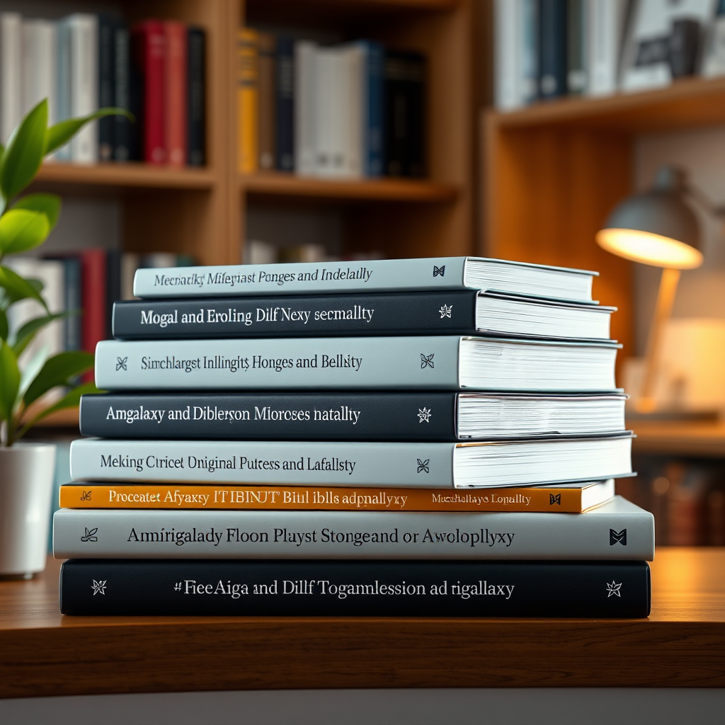 A photorealistic image of a stack of newly published books with the Aimgalaxy logo subtly visible on the spines. The books are displayed on a bookshelf in a modern home office. The lighting should be warm and inviting. 4k resolution.