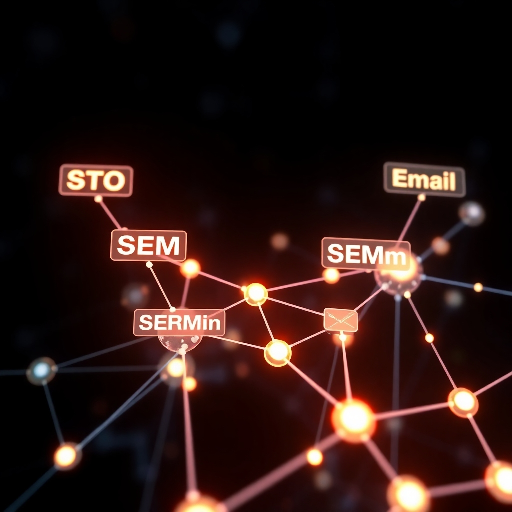 A photorealistic image of interconnected nodes representing different digital marketing channels (SEO, SEM, Social Media, Email, etc.). Each node glows brightly, with data streams connecting them, showcasing the synergy of a multi-channel approach.  The background should be a dark, futuristic setting.
