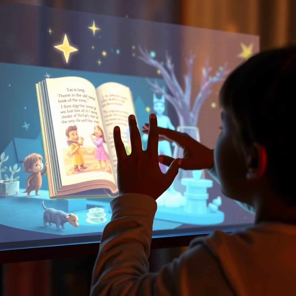 A photorealistic image showing a person interacting with a holographic projection of a storybook. The storybook pages come to life with animated characters and immersive visuals. The lighting is warm and inviting, creating a sense of wonder.