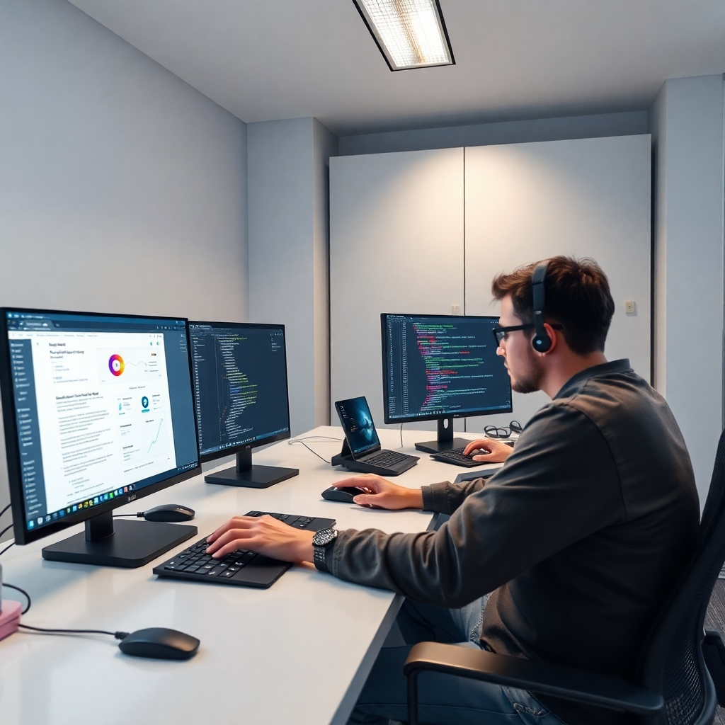 A photorealistic image showing a clean, modern workspace where a developer is working on code while a designer is using design software; both screens should display website elements in progress.  The image should subtly display the connection between design mockups and the actual code being written. The room should appear organized and technologically advanced.