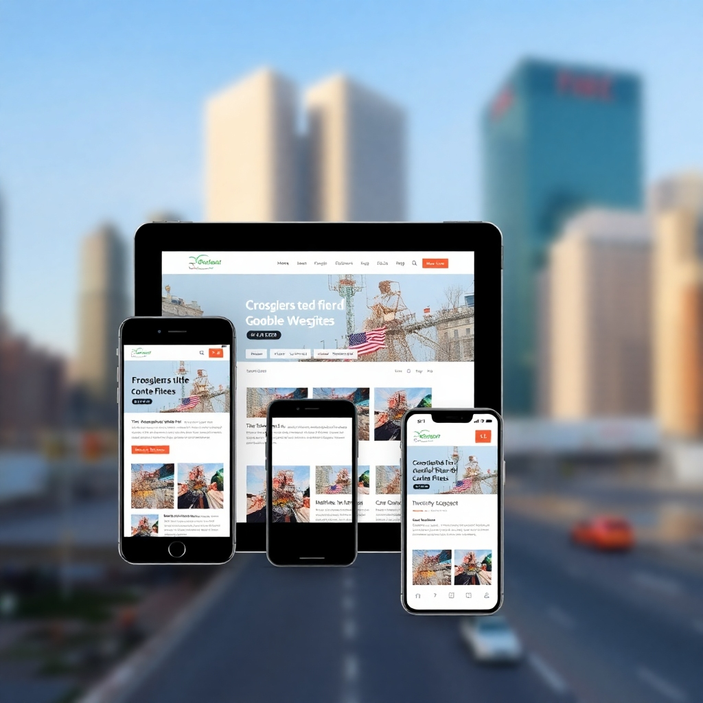A photorealistic image showing a single-page website displayed flawlessly on a variety of mobile devices, including smartphones and tablets. The interface adapts seamlessly to each screen size. The background is a blurred cityscape, symbolizing mobile accessibility.