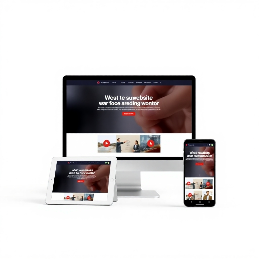 A photorealistic split-screen image showing the same website displayed on a large desktop monitor, a tablet, and a smartphone.  Each screen displays the website perfectly adapted to the device's screen size and orientation. Highlighting seamless transitions and consistent user experience across different screen sizes. The background should be a neutral color to emphasize the responsive nature of the website.