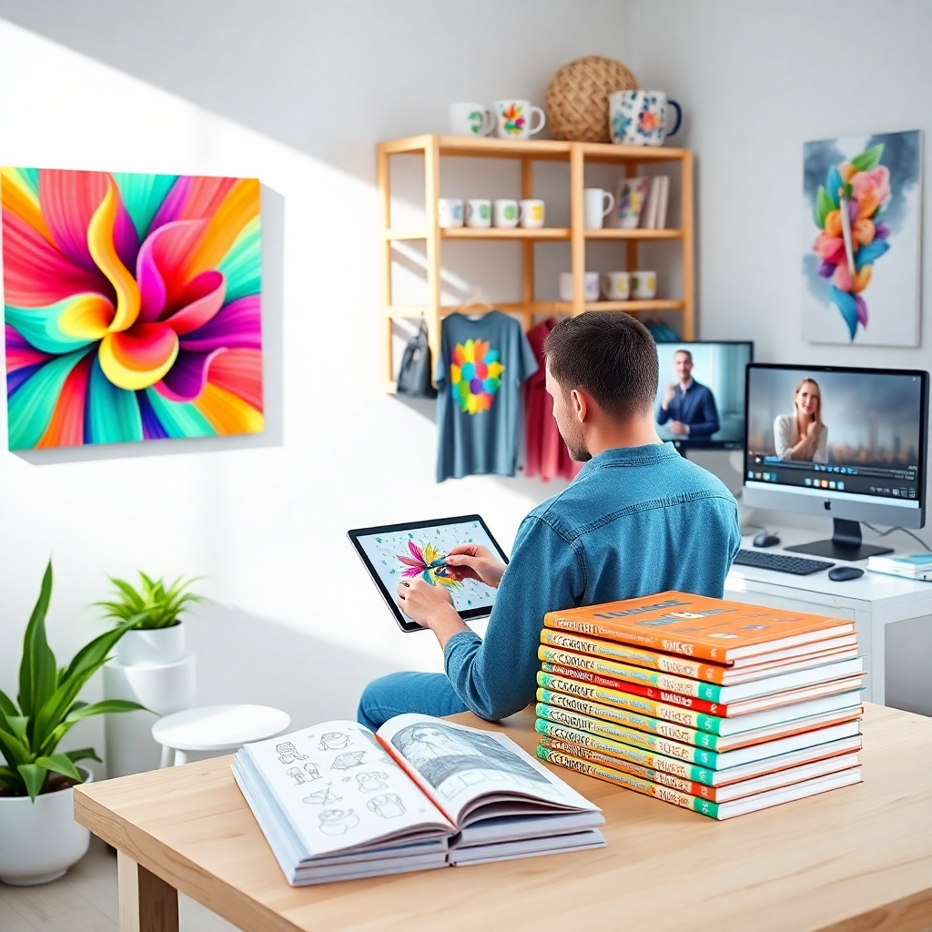 A photorealistic, ultra-high quality 8K image. The scene depicts a bright, modern studio space bathed in natural light. In the foreground, there's a digital artist working on a tablet, creating vibrant wall art. Behind them, shelves display various print-on-demand products: mugs, t-shirts, and canvases featuring unique designs. A computer monitor shows an advertising video being edited, and a stack of coloring books and children's storybooks is neatly arranged on a nearby table. The composition should emphasize the seamless integration of digital art and physical products. Use a vibrant color palette with pops of color. The camera angle is slightly high, providing an overview of the creative workspace. Include texture details such as the canvas grain, fabric weave, and paper texture. Style reference: Clean, modern aesthetic with a touch of artistic flair. Hyperrealistic rendering.