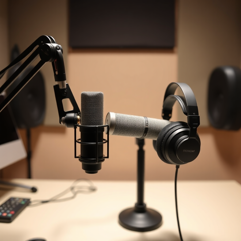 A professional podcasting setup, featuring a high-quality microphone, headphones, and soundproofing. Focus on the technology and the inviting atmosphere.