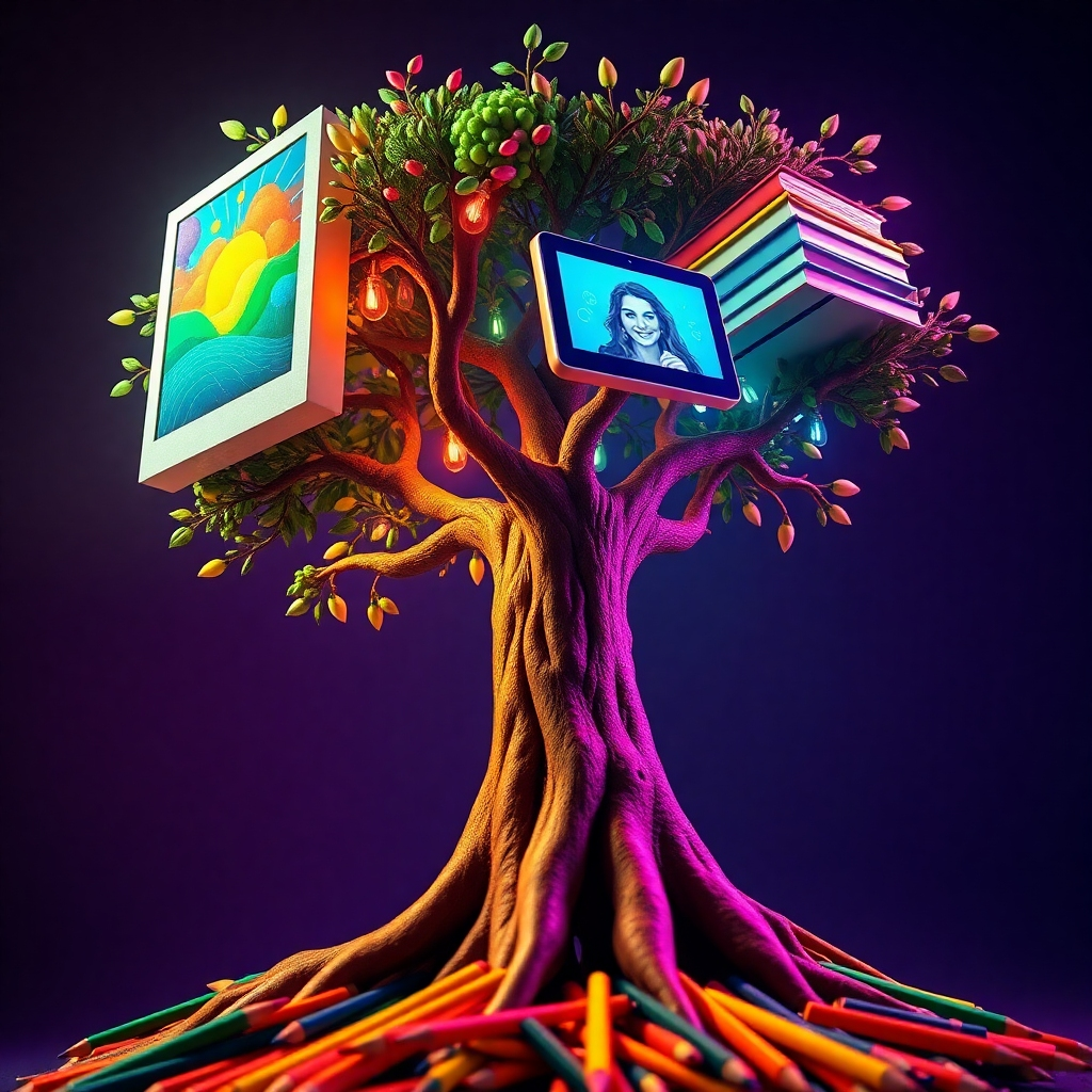 A stylized 4K image depicting a tree with branches that transform into different creative outputs. One branch becomes a canvas with vibrant wall art, another forms into a stack of printed books, a third morphs into a digital tablet creating an advertising video, and a fourth sprouts into coloring pencils surrounding a partially colored page. The tree trunk is rooted in a pile of art supplies. Use a vibrant and playful color palette. The lighting is soft and ethereal, creating a magical and inspiring atmosphere. Camera angle is low, looking up at the tree, emphasizing its growth and potential. Include texture details such as the bark of the tree, the texture of the canvas, and the details of the art supplies. Style reference: Whimsical and imaginative, with a touch of fantasy.