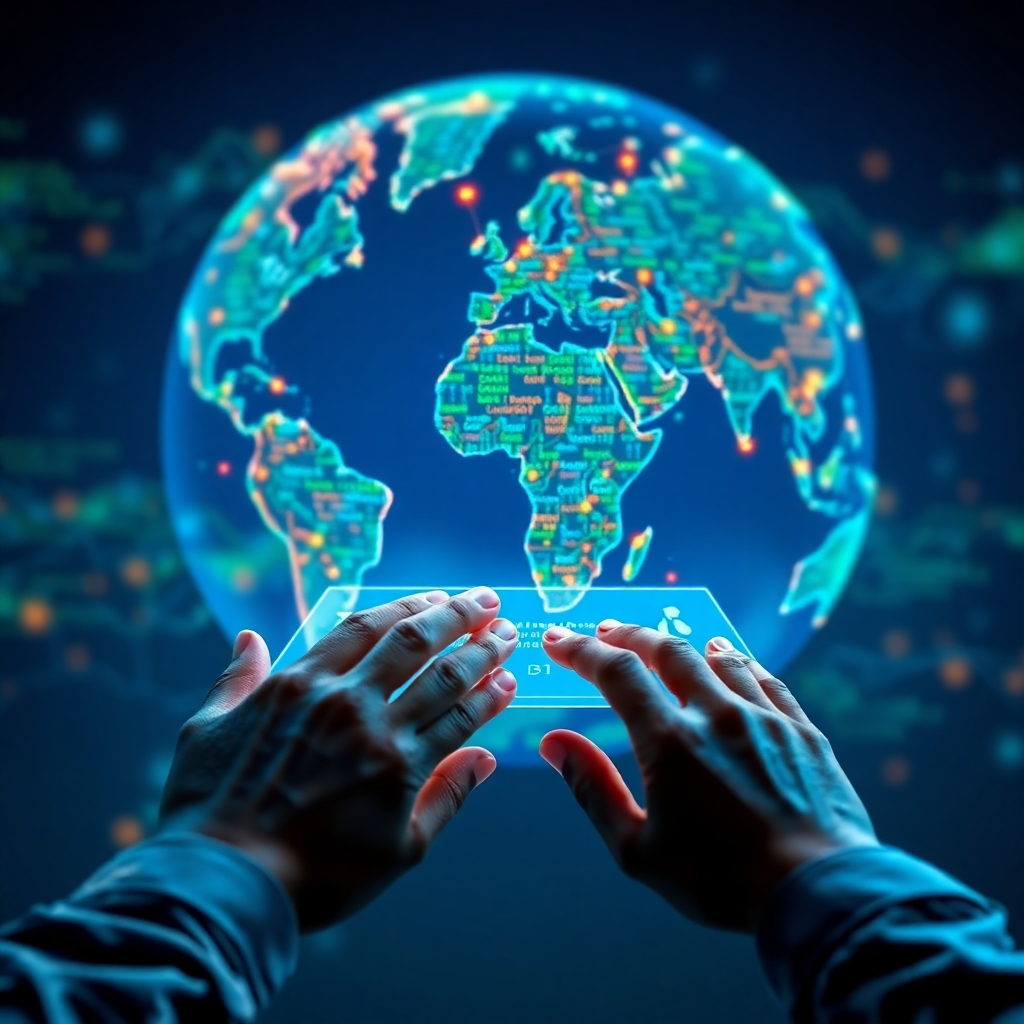 A stylized, 4K resolution image representing AimGalaxy's mission. Depict a globe constructed from interwoven code, with glowing connections linking different continents. In the foreground, hands are interacting with a single-page website interface projected onto a holographic display. The color palette is vibrant and modern, with blues, greens, and oranges dominating. The lighting is soft and inviting, creating a sense of collaboration and global reach. Camera angle is a medium shot, focusing on the interaction and the intricate details of the code-globe. Style reference: A blend of technological innovation and human connection, inspired by modern tech company branding.