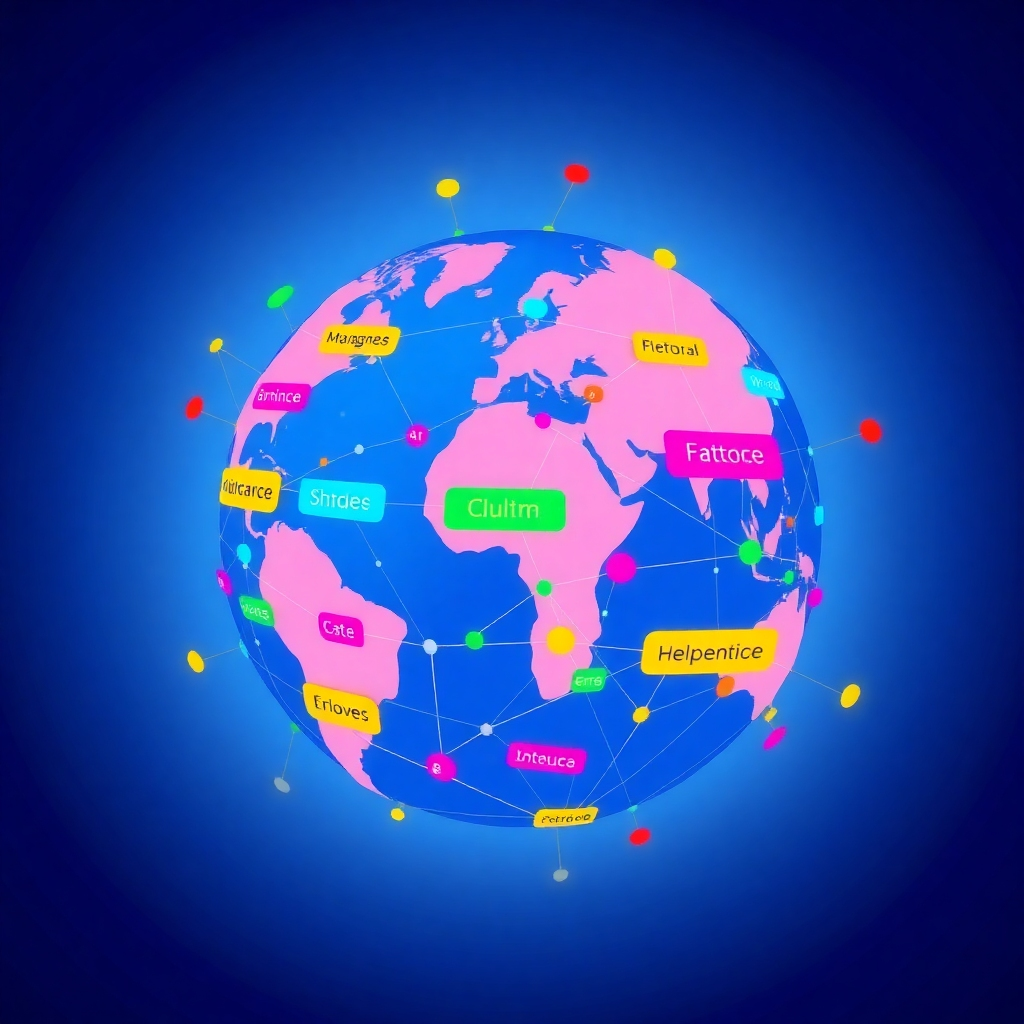 A stylized globe with interconnected nodes representing different languages and cultures. Use bright and diverse colors to symbolize global connectivity and cultural diversity. The background is a gradient of blues and purples, representing the vastness of the internet.
