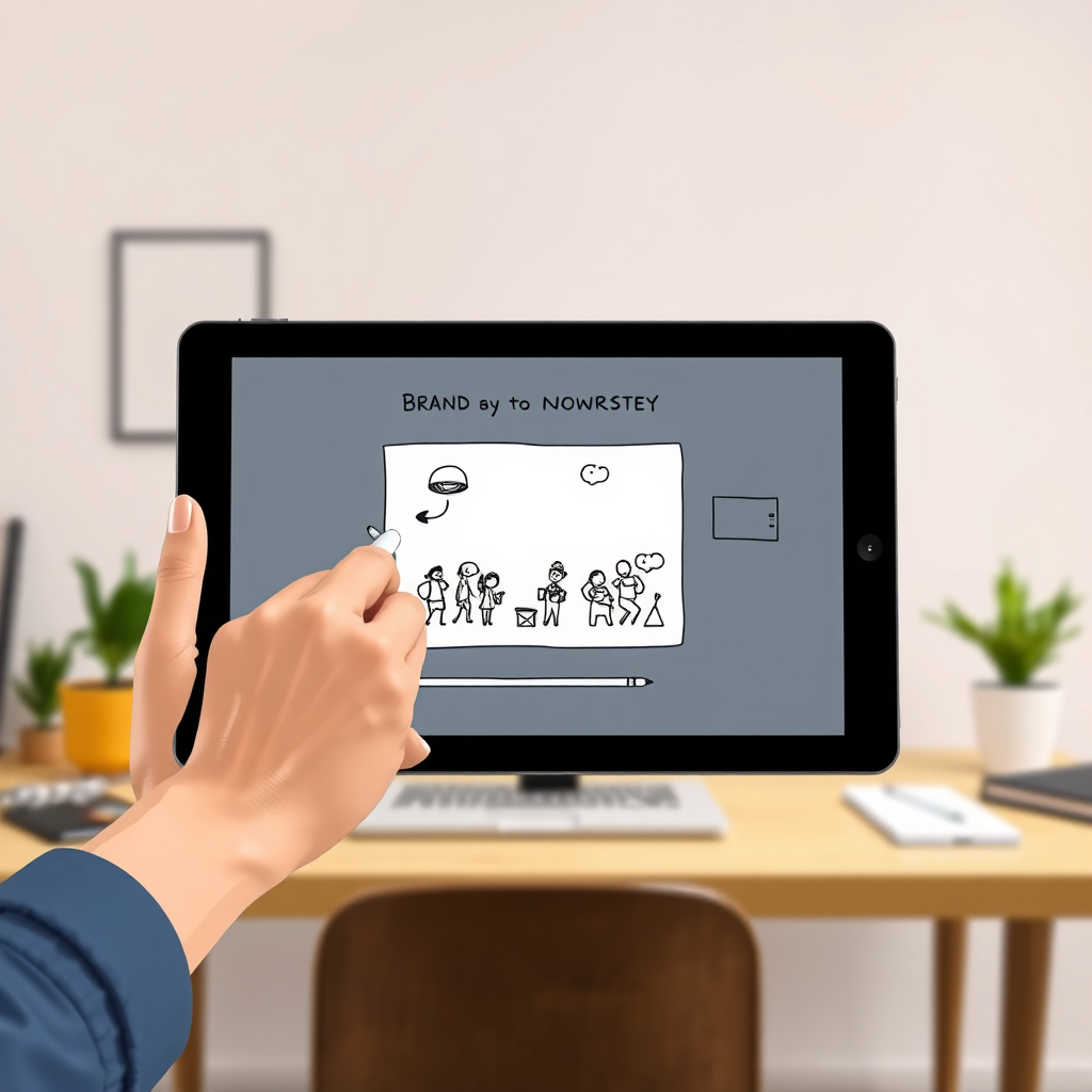 A stylized image of a hand drawing a doodle video sequence on a digital tablet. The doodle video tells a short story about a brand's journey. The lighting should be bright and focused on the tablet screen. The background is a clean, minimalist workspace. Style: Inspired by whiteboard animation and hand-drawn illustrations. 4k resolution.