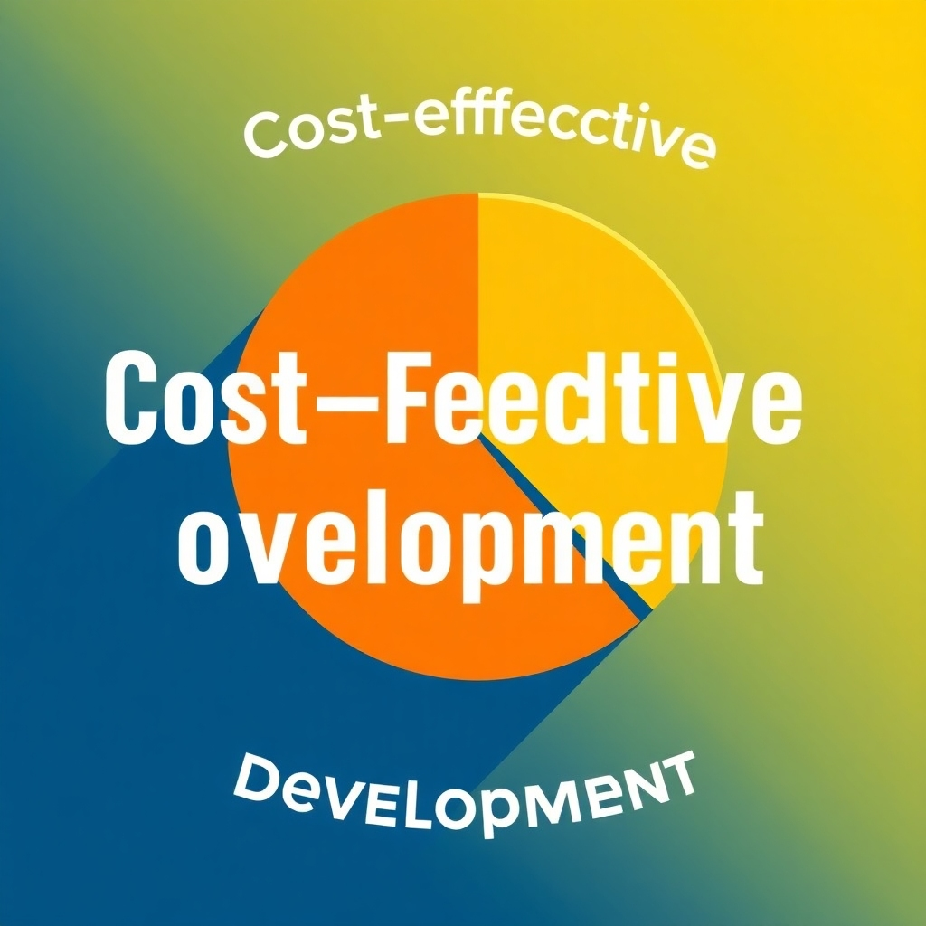 A stylized image representing cost-effective development. Visualize a budget pie chart with a large slice allocated to marketing and innovation, and a smaller slice allocated to website development. The color palette is positive and encouraging, symbolizing financial success.