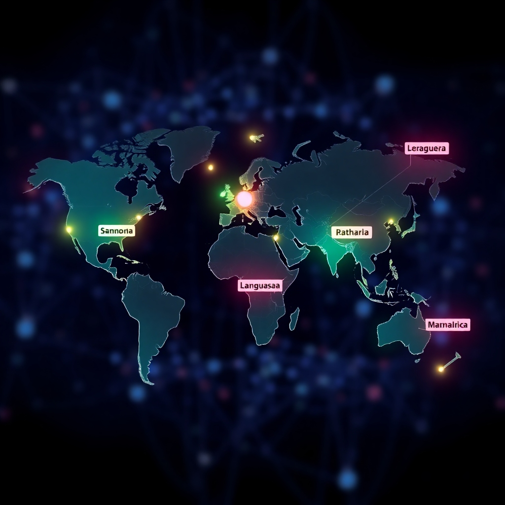 A stylized image showing a world map with interconnected nodes representing different languages and cultures. The nodes are brightly colored and pulsating, symbolizing global connectivity. The background is a dark, abstract representation of the internet.