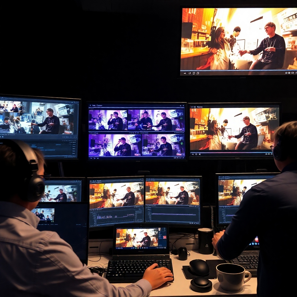 A team of video editors working on a dynamic advertising video project. Multiple screens display different stages of video editing, including footage, graphics, and sound design. The atmosphere is collaborative and creative.