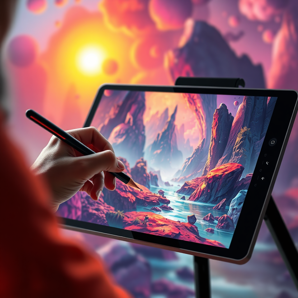 A vibrant and dynamic image showcasing a digital artist using a stylus and tablet to create a stunning digital painting. The artwork being created is a surreal landscape with vibrant colors and intricate details. The lighting should be bright and focused on the artwork being created. 4k resolution.