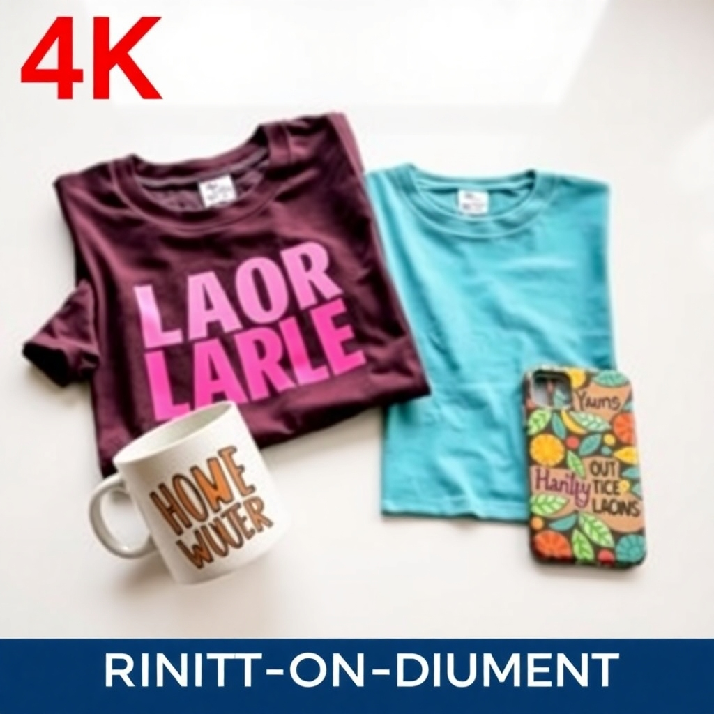 A visually appealing 4K image showcasing a selection of print-on-demand products: a t-shirt with a bold graphic, a mug with a whimsical illustration, and a phone case featuring a vibrant pattern. The products are arranged on a clean, brightly lit surface. Emphasize the quality of the print and the textures of the materials.