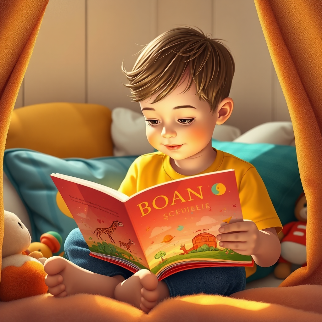 A warm, inviting image of a child reading a brightly illustrated storybook, published through Aimgalaxy's KDP services. The lighting should be soft and cozy, creating a sense of wonder and imagination. The background is a comfortable reading nook with cushions and toys. Style: Inspired by classic children's book illustrations. 4k resolution.