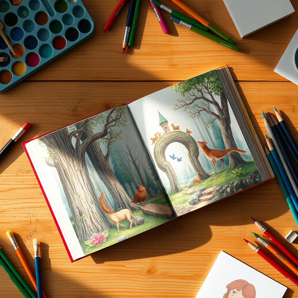 An overhead shot of an open children's book, revealing a vibrant and detailed illustration of a magical forest scene. The lighting should be soft and inviting. The background is a wooden table with art supplies scattered around. Style: Inspired by classic fairytale illustrations. 4k resolution.