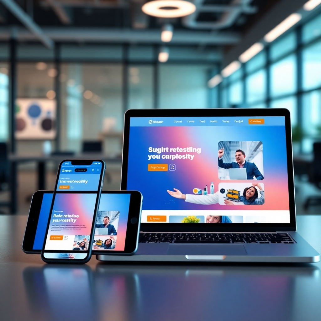 An ultra-detailed, hyperrealistic image of a modern and responsive website design displayed on various devices: a sleek smartphone, a tablet, and a widescreen laptop. The design is clean, utilizing negative space effectively and showcasing high-quality visuals.  The overall color scheme is vibrant and modern, incorporating brand colors of deep blues and bright oranges. The lighting is even and slightly diffused. The camera angle is a close-up shot, capturing the detailed interface and subtle textures. The image should highlight the website's responsiveness across devices, with consistent branding and user experience.  The background is a blurred but visually appealing modern office, subtly suggesting productivity and innovation. The image is to be rendered in 8k resolution. Style references: trending digital design aesthetics and product photography, with a focus on visual clarity and user-friendliness. Textures of the devices (glass, metal) are highly detailed.