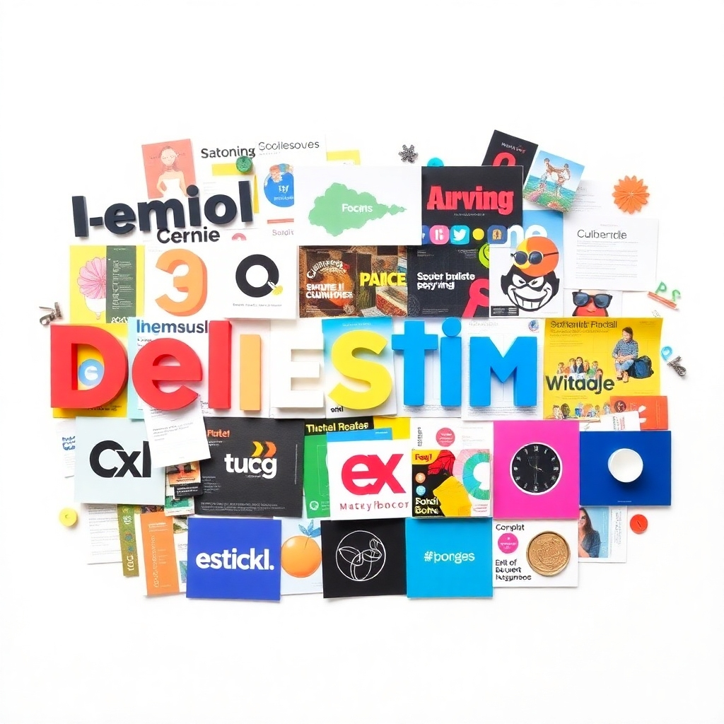 Create a collage of diverse design elements, including typography, color palettes, patterns, and illustrations, arranged in a visually appealing layout. The collage should be vibrant and eclectic, representing a wide range of design styles. The background should be a clean, white surface. The lighting should be bright and even, highlighting the variety of design elements. Use a top-down shot to capture the entire collage.