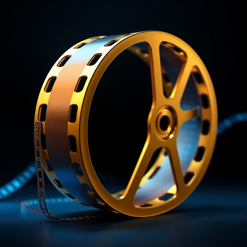 Create a dynamic image featuring a film reel intertwined with digital code, symbolizing the fusion of creativity and technology in video production. The film reel should be golden and polished, while the code should be represented by glowing blue lines. The background should be a dark, cinematic gradient. The lighting should be dramatic and focused, emphasizing the power and impact of video. Use a slightly low camera angle to add a sense of grandeur.