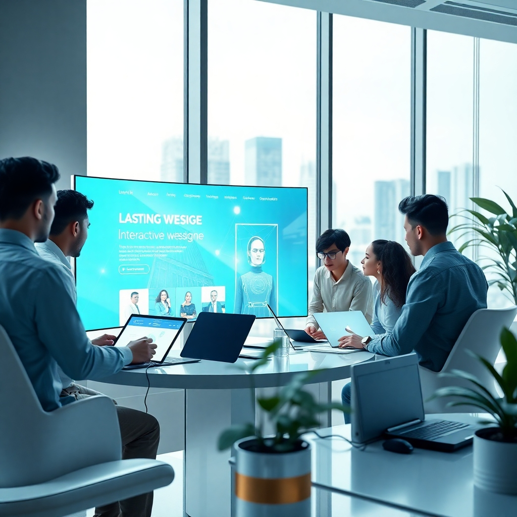 Create a photorealistic, ultra-high-quality header image (8K resolution, hyperrealistic style) for a web development company named 'aimgalaxy'. The image should depict a futuristic, clean, and modern workspace. The composition should feature a team of diverse, young professionals collaborating around a large, curved display showcasing a stunning, interactive website design.  The lighting should be soft and diffused natural light from a large window, creating a bright, airy atmosphere with subtle shadows.  The color palette should be a blend of cool blues and greens, accented with warm metallic golds and whites, evoking a feeling of innovation and trust.  The camera angle should be slightly elevated, looking down on the team, providing a sense of inclusivity and collaboration. The textures should include smooth, polished surfaces of the desks and technology, contrasting with the soft textures of the clothing.  Environmental elements should include sleek, minimalist furniture and plants.  Relevant props could include high-tech devices such as laptops and tablets featuring clean interface designs. The style should reference works by Syd Mead and Peter Tchaikovsky, combining futuristic elements with a sense of elegance and sophistication.  The background should showcase a partially visible cityscape in a soft blur.  The overall mood should be one of creativity, innovation, and teamwork., ultra high resolution, photorealistic, 8K, hyperdetailed, cinematic lighting