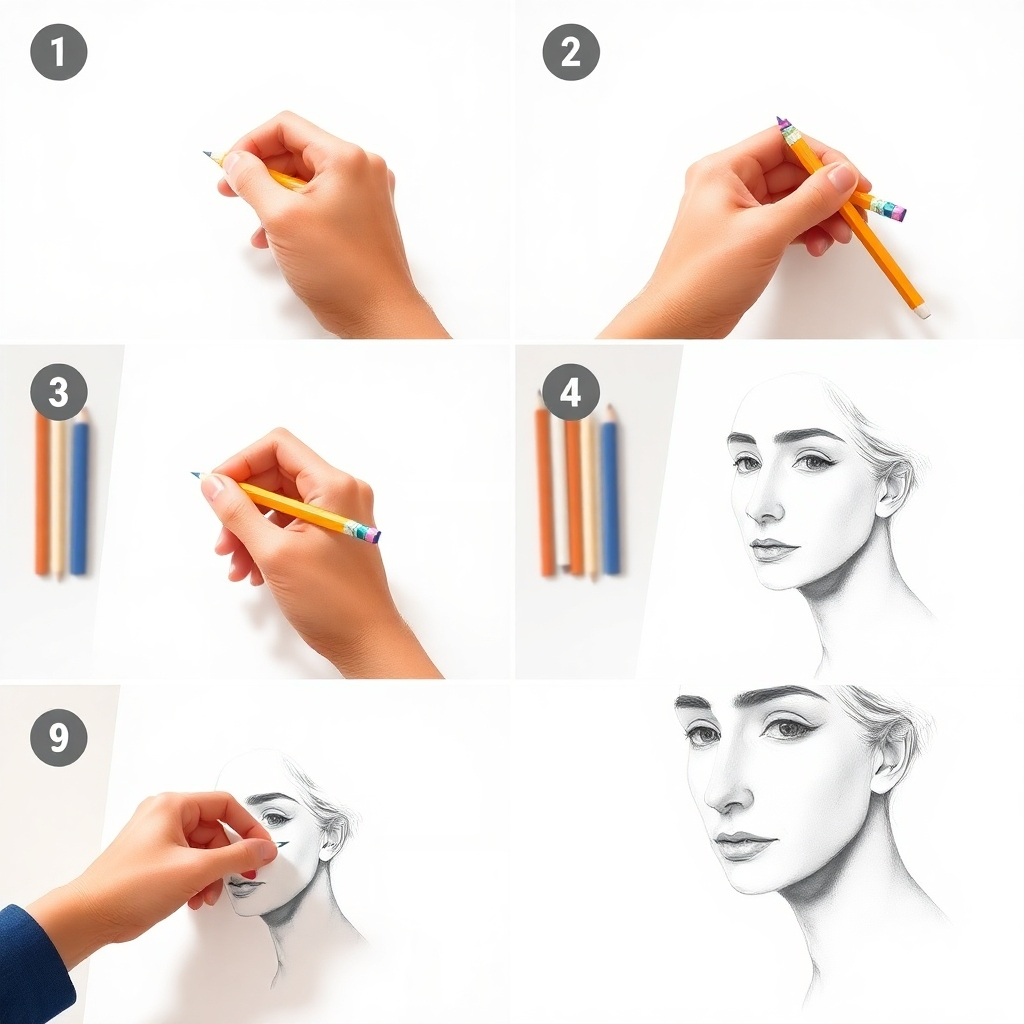 Create a step-by-step illustration showing a hand drawing a realistic portrait using a pencil. Each step should be clearly illustrated and easy to understand. The background should be a clean, uncluttered art studio. The lighting should be natural and soft, highlighting the drawing process. Use a close-up shot to emphasize the details of the drawing and the artist's technique.