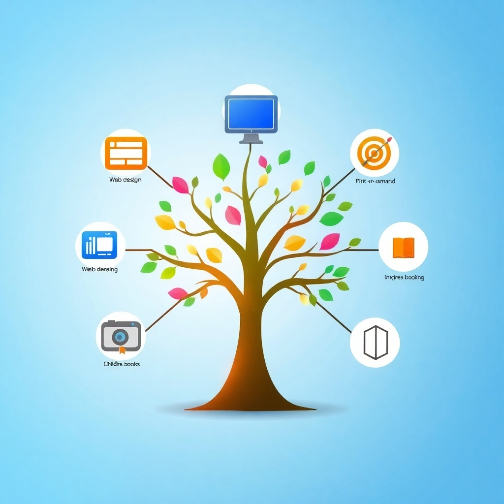 Create a stylized, high-quality 4K image representing Aimgalaxy.in's mission. The image should feature a central, stylized tree with branches extending outwards, each branch representing a different service: web design (represented by a monitor icon), video creation (a film reel), digital advertising (a target icon), print-on-demand (a printer icon), images (a camera icon), children's books (a book icon), tutorials (a play button), and pencil sketching (a pencil icon). The tree should be vibrant and colorful, with each icon emitting a soft glow. The background should be a clean, minimalist gradient of light blue and white, symbolizing clarity and innovation. The overall style should be modern and inviting, conveying a sense of growth, creativity, and comprehensive digital solutions. The camera should be positioned at a slight angle to capture the full scope of the tree and its branching services.