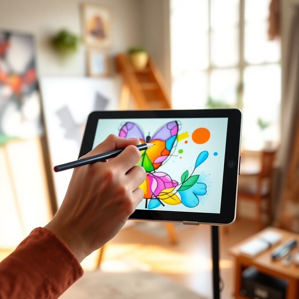 Create a visually appealing image showing a hand holding a pencil, sketching a vibrant, colorful digital illustration on a tablet. The illustration should be a blend of abstract shapes and realistic details. The background should be a warm, inviting studio setting. The lighting should be natural and soft, highlighting the connection between traditional and digital art. Use a medium shot to capture the artist's hand and the artwork in detail.
