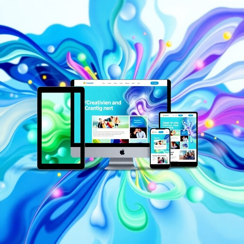 Create a visually striking image featuring a clean, modern website interface seamlessly integrated into a vibrant, abstract background representing creativity and innovation. The website should showcase a responsive design adapting to different devices. The color palette should be a blend of cool blues and greens with pops of accent colors. The lighting should be soft and inviting, highlighting the user-friendly aspects of the design. Use a close-up shot to emphasize the details and visual appeal.