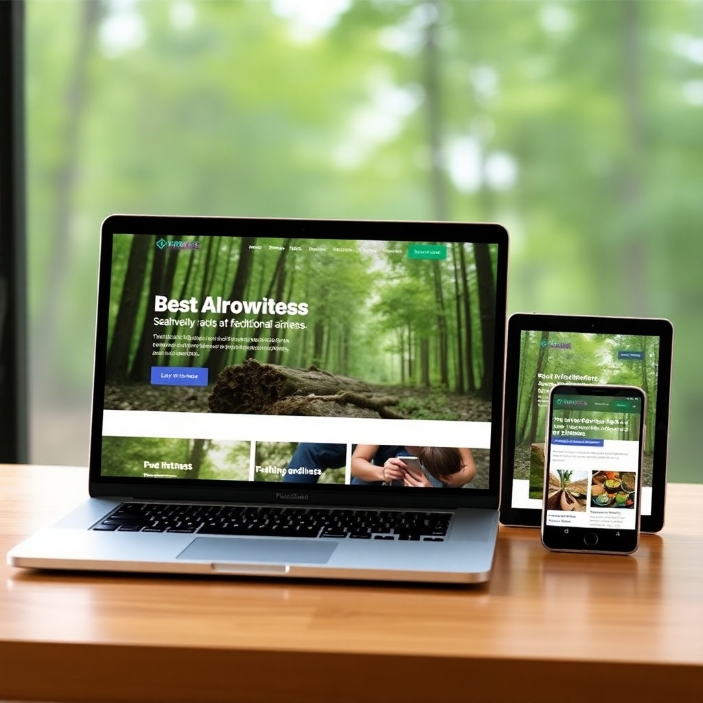 Depict a user-friendly website interface seamlessly adapting across various devices (laptop, tablet, smartphone). The interface should be clean and modern, showcasing a fictional business with a nature-inspired theme. The background should be a blurred image of a lush forest. The lighting should be soft and inviting, highlighting the responsive design. Use a wide-angle shot to emphasize the adaptability across different screens.