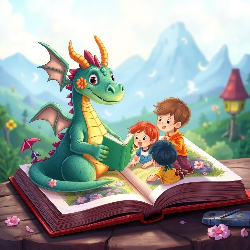 Illustrate an open children's book with a colorful, whimsical illustration depicting a friendly dragon reading a story to a group of children. The illustration should be vibrant and engaging, with a focus on character design and storytelling. The background should be a magical, dreamlike landscape. The lighting should be soft and inviting, creating a sense of wonder. Use a medium shot to capture the details of the illustration and the children's expressions.