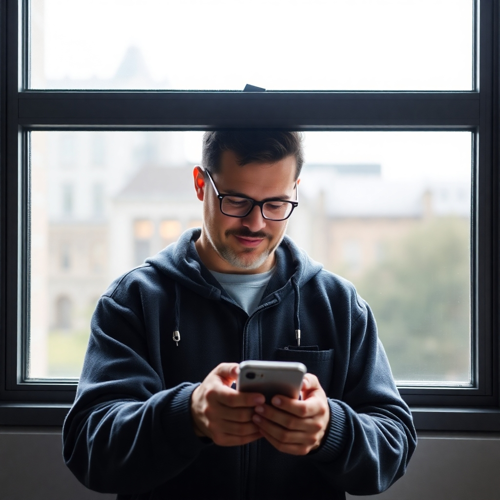A customer holding a smartphone with a live chat window open, smiling with satisfaction as they receive immediate assistance from a chat staff member. The background is a blurred image of a bustling online marketplace with diverse products.