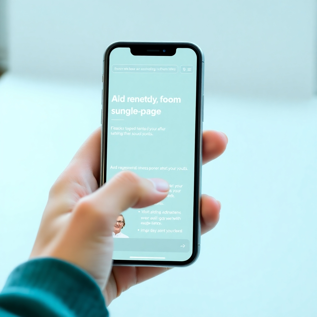 Photorealistic image depicting a user seamlessly navigating a single-page website on a mobile device. The interface is clean and intuitive, with smooth animations and clear call-to-actions. The background is blurred to focus on the user experience. Color palette: Light blues and greens.