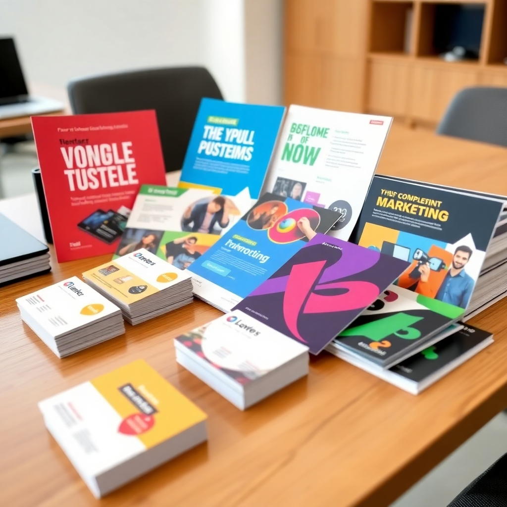Showcase a collection of professionally printed marketing materials, including business cards, brochures, and flyers, arranged artfully on a wooden desk. The designs should be vibrant and eye-catching, with a focus on typography and visual hierarchy. The background should be a clean, minimalist office setting. The lighting should be bright and even, highlighting the quality of the print materials. Use a close-up shot to emphasize the details and textures.
