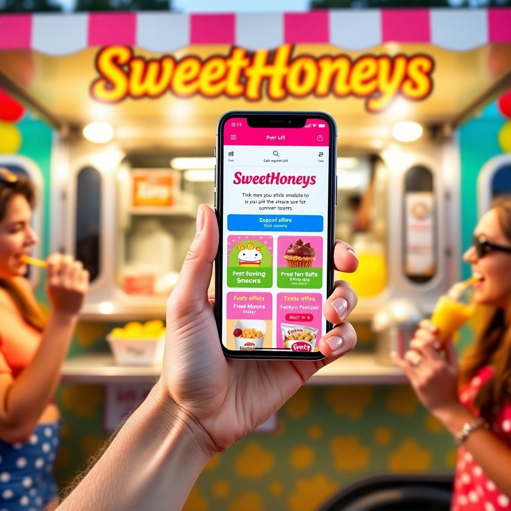 A vibrant image of a hand holding a smartphone displaying the SweetHoneys subscription page. The background features the concession truck, surrounded by joyous customers tasting snacks. The colors are bright and inviting, with emphasis on the smartphone screen showcasing tempting offers. The photo is well-lit, highlighting the fresh snacks and a fun summer setting, creating an ambiance of excitement and engagement.