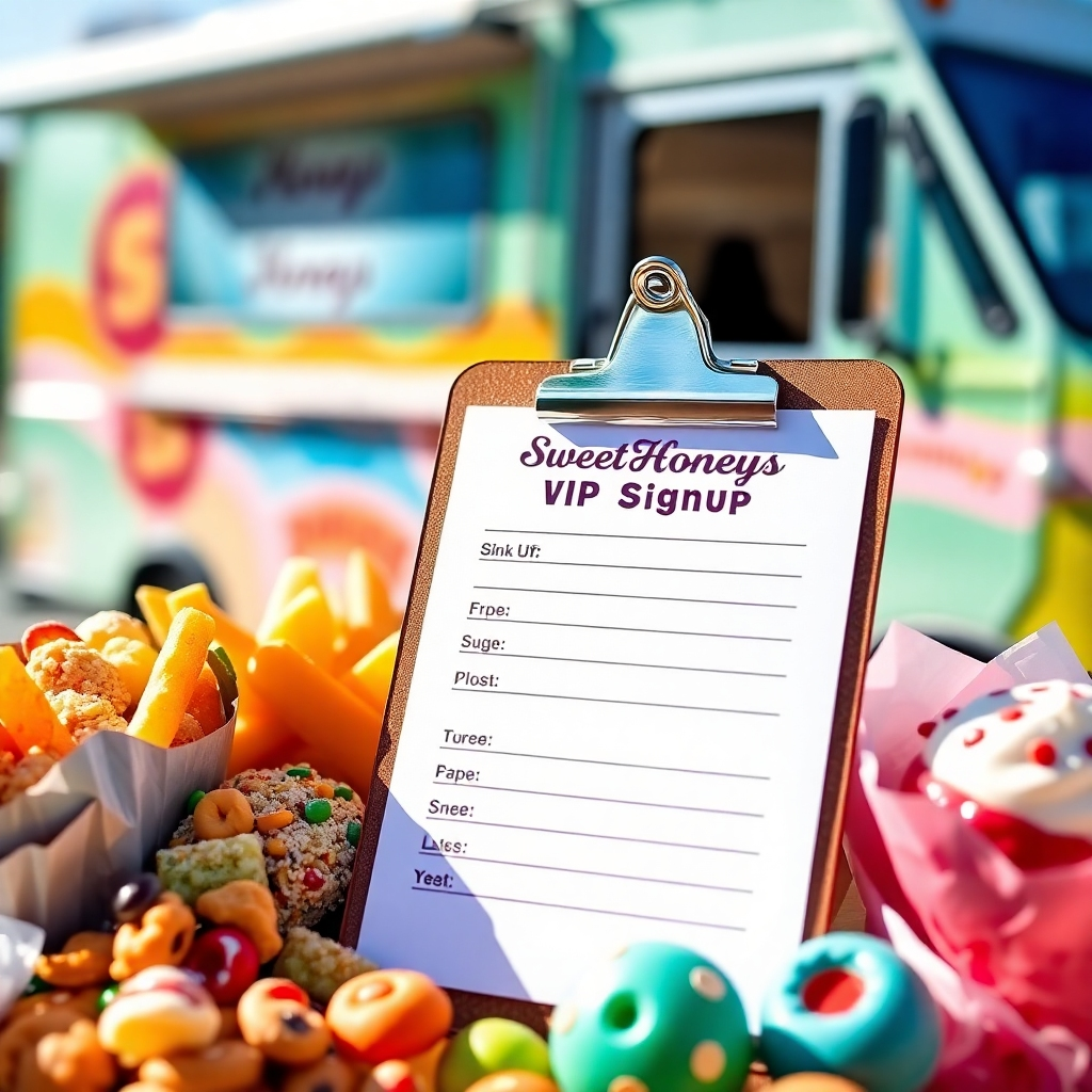 A visually striking image showing a clipboard with a sign-up form, surrounded by an assortment of colorful snacks and treats from SweetHoneys. The photo captures bright colors and textures of the snacks, while natural light highlights the deliciousness of the treats. In the background, a blurred image of the concession truck is visible, emphasizing the connection between the snacks and the VIP signup.