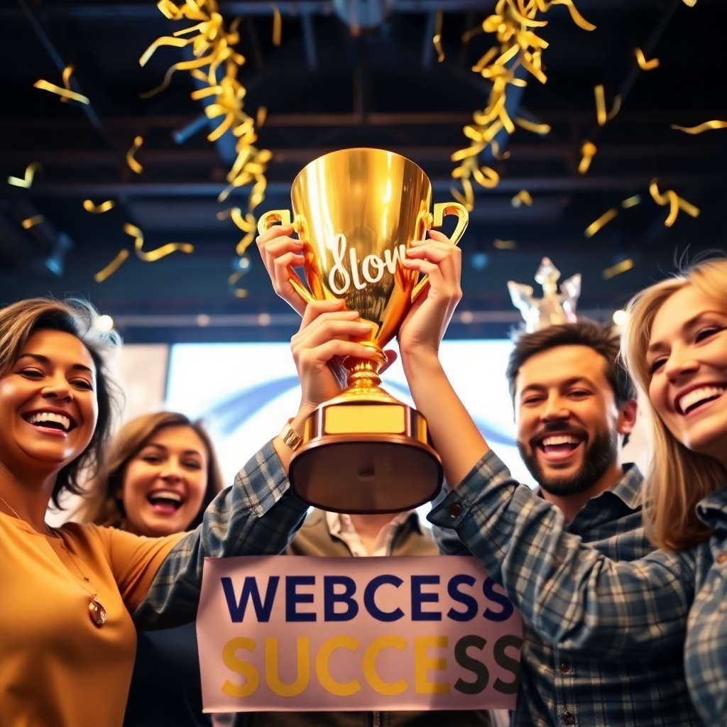 A celebratory, photorealistic image showcasing a client success celebration. The composition features a group of delighted individuals, holding up a trophy, symbolizing their website traffic success. Bright and festive lighting enhances the joyous atmosphere, showcasing a color palette filled with gold and blue. The camera angle is close-up, emphasizing their excitement and accomplishment. Relevant props include a banner with the success slogan.