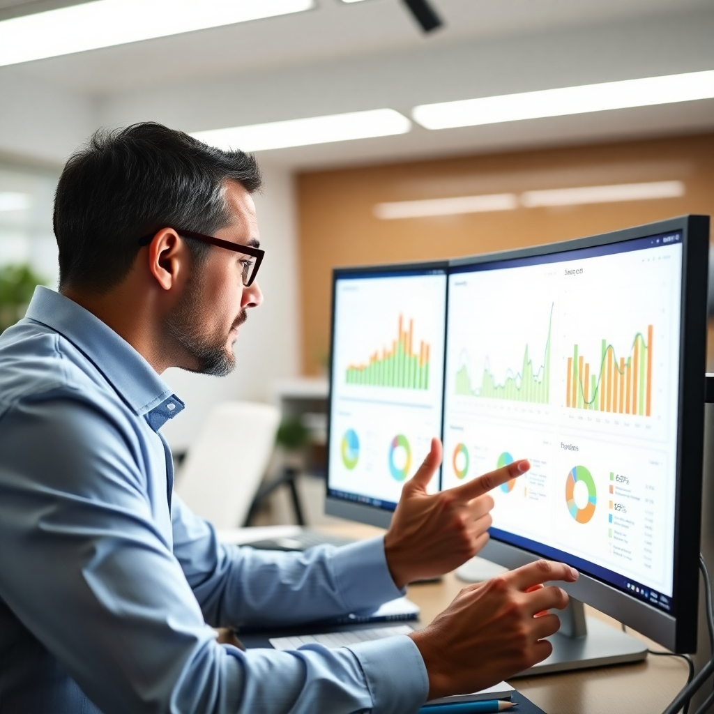 A clean, photorealistic image showing a digital marketing consultant analyzing SEO data on a large monitor. The scene captures the consultant’s focused expression as they compare search metrics. Bright office lighting highlights the analytical charts, which are in vibrant colors like green and orange. The camera angle should be from the side, showing both the monitor and the consultant's engaged demeanor. Props include notebooks and search optimization tools.
