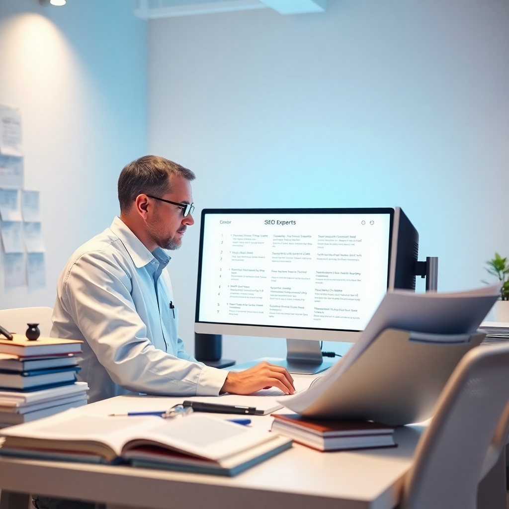 A clear depiction of an SEO expert analyzing keywords on a computer screen, surrounded by reference books and notes in a neatly organized workspace. The lighting is bright and ambient, suggesting professionalism and clarity. The color palette combines white and blue tones for a clean look. Technical specs: 4K resolution.