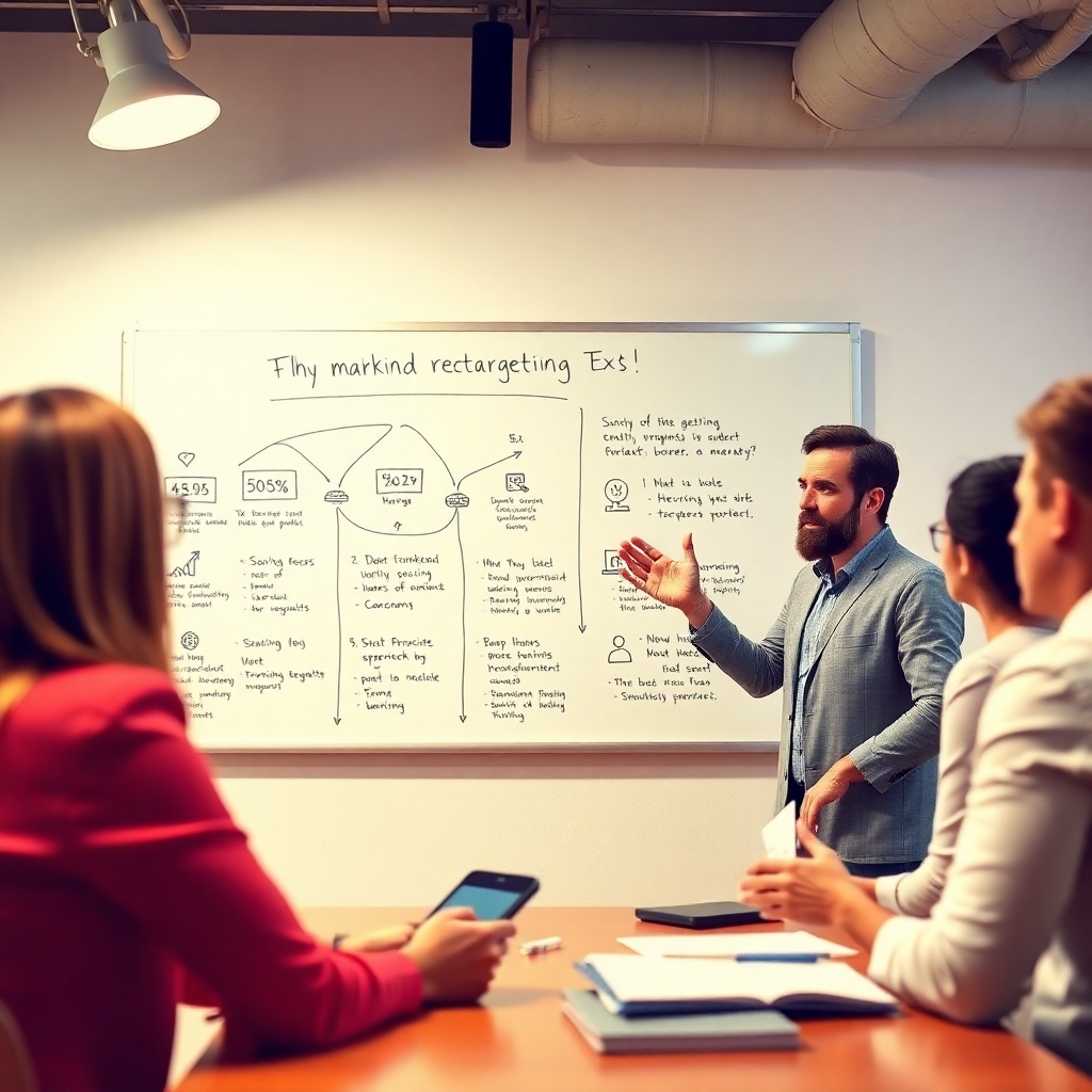 A clear, photorealistic image of a marketing expert explaining retargeting strategies to clients. The setting features a whiteboard filled with diagrams and statistics about retargeting. Bright, focused lighting creates an engaging atmosphere with a warm color palette. The camera angle captures the expert's enthusiastic gestures as they explain. Props can include digital devices and marketing materials.