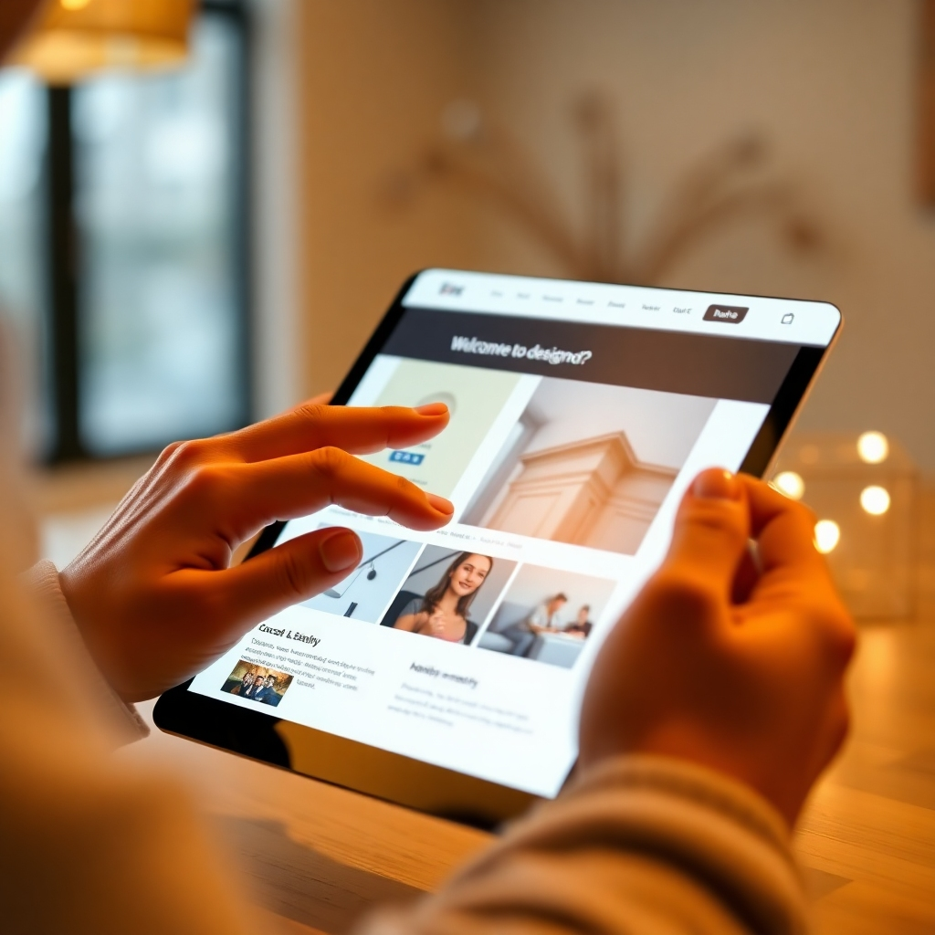 A close-up image showing a user navigating a beautifully designed website on a tablet. Warm, welcoming lighting creates an inviting atmosphere. The color palette includes soothing blues and light tones, underlining simplicity and ease of use. Technical specs: 4K resolution.