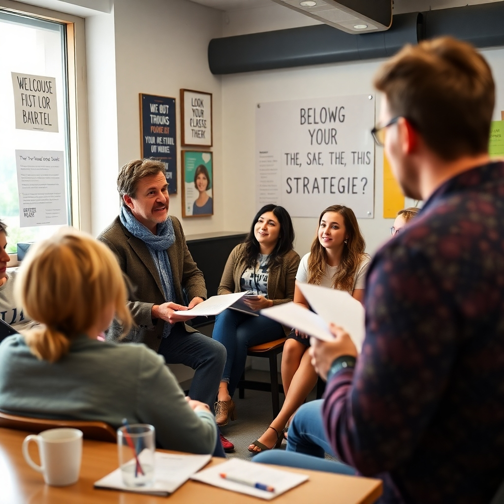 A detailed, engaging image of a life coach talking to a small group in a workshop setting. The coach is animatedly discussing traffic strategies, with participants eagerly taking notes. The room is bright, decorated with motivational posters, and has a collaborative feel with an engaging atmosphere.