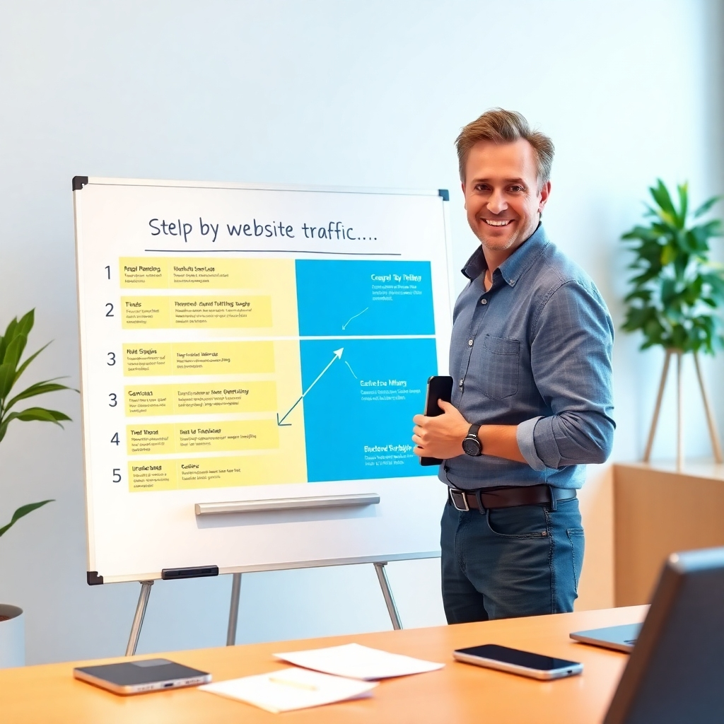 A detailed, photorealistic image of a friendly coach providing step-by-step guidance in a professional environment. The coach stands alongside a large, interactive whiteboard showcasing a roadmap to 3X website traffic. Soft but direct lighting focuses on the coach and the board, displaying a palette of blue and yellow. The camera angle is slightly angled from the right to give depth. Props include digital devices and notes.