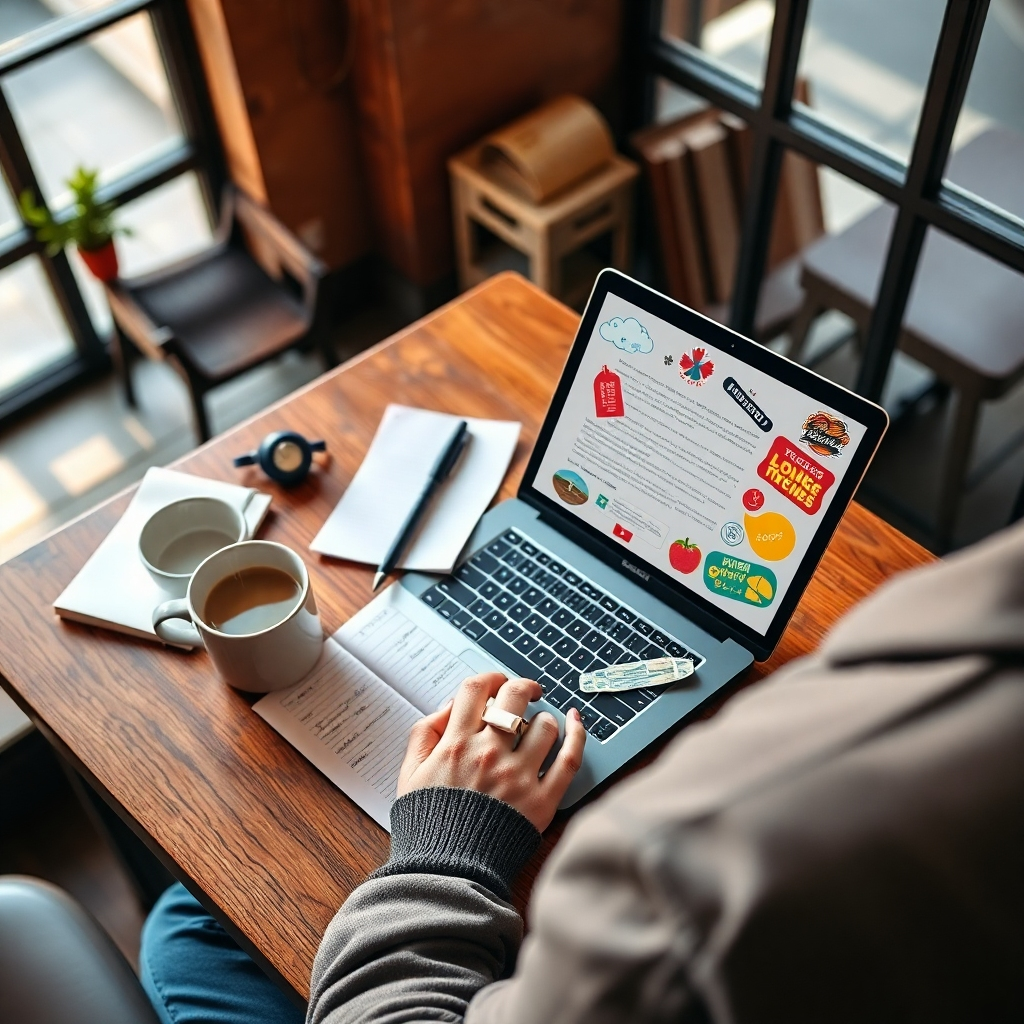 A dynamic, photorealistic image of a content creator drafting an engaging blog post. The composition features a cozy coffee shop setting with notes and a laptop adorned with vibrant stickers. Soft natural lighting enhances the warm aesthetic, showcasing a rich color palette. The camera angle is slightly overhead, capturing the writer’s creative process. Relevant props include a steaming cup of coffee and writing materials.