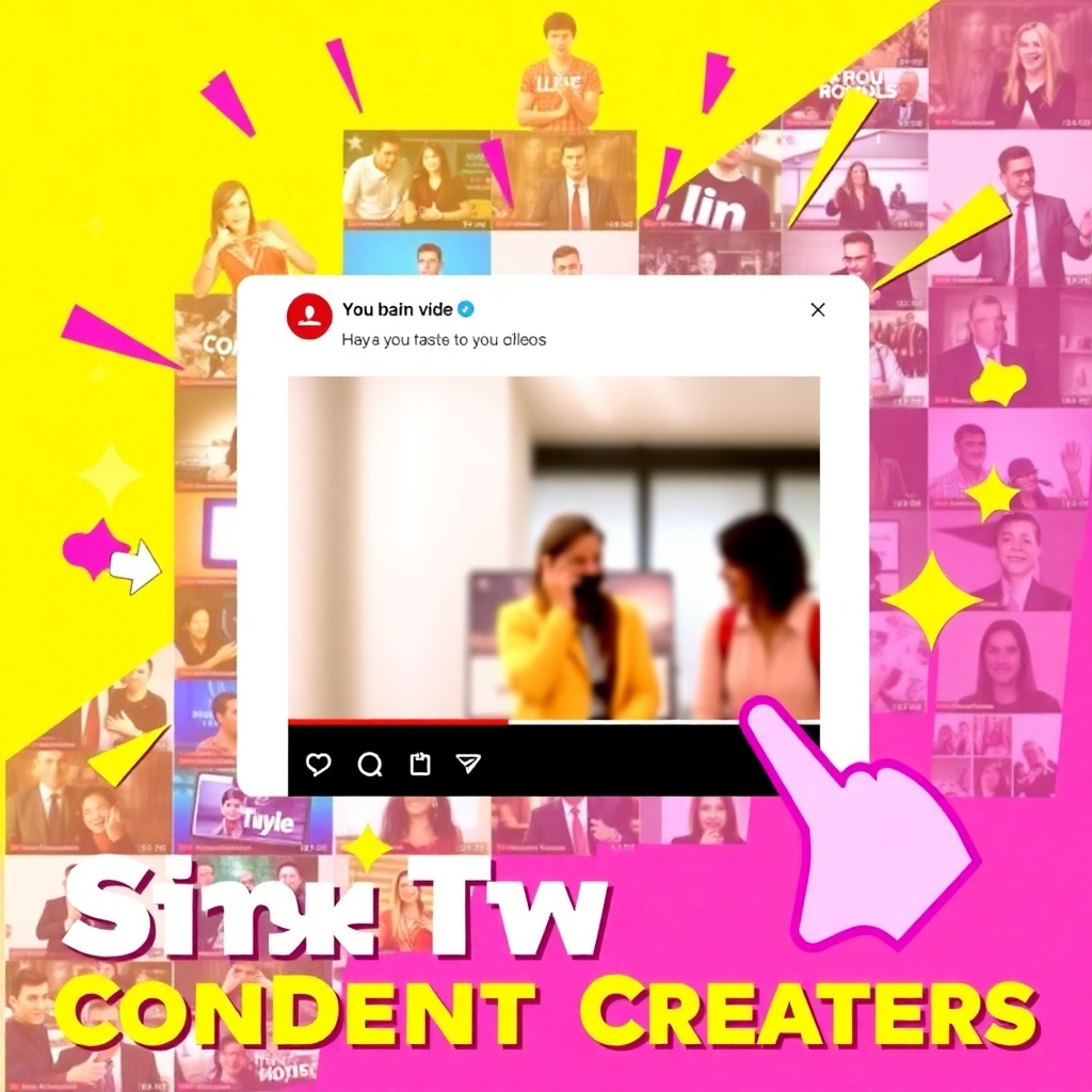 A dynamic representation of social media interaction with comments and likes on a video post. The background showcases a collage of video thumbnails in various formats. Bright colors like pink and yellow create excitement, while visual elements suggest movement and connection. The style is graphic and energetic, appealing to content creators.