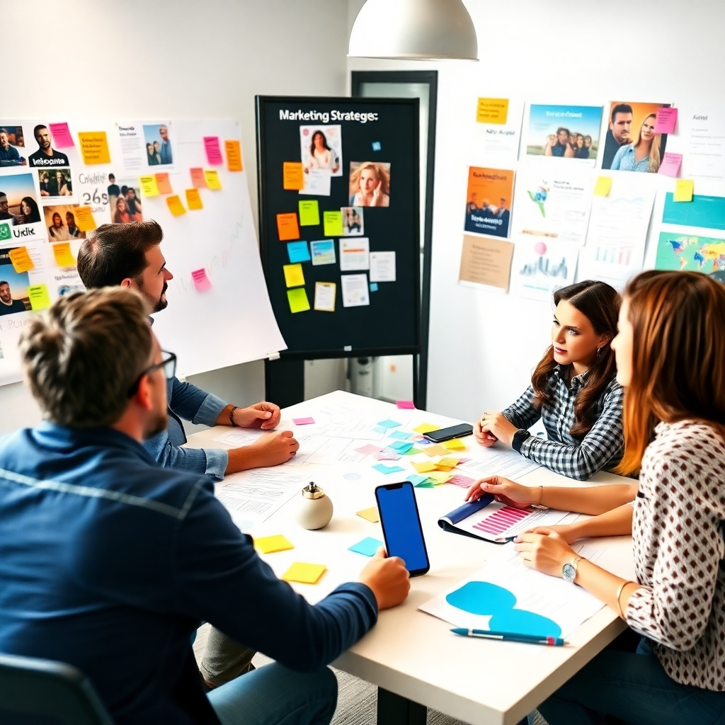 A dynamic scene of a team meeting discussing diverse marketing strategies. The composition should feature charts, sticky notes, and visuals of campaigns on the walls. The room is filled with energy and collaboration, with a bright atmosphere that fuels creativity and strategic planning.