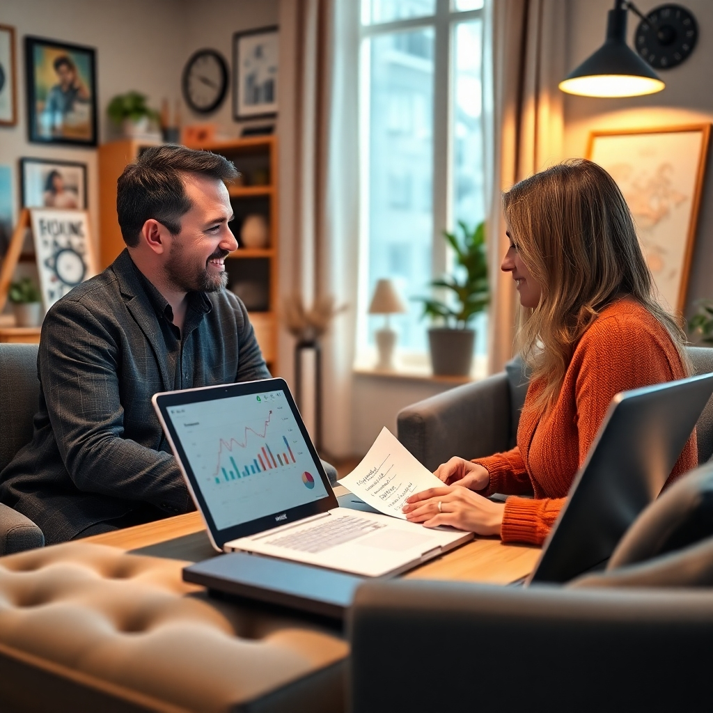 A high-quality, photorealistic image capturing the essence of life coaching and success in online business. The visual features a coach guiding a client in a cozy, well-lit office filled with inspirational decor. The color palette includes warm tones with hints of blue for a calming effect. The camera angle is slightly angled to show both the coach and client engaged in a productive discussion, with a laptop open displaying analytics and a notepad filled with ideas. There could be a whiteboard visible with insights. Technical specs include 4K resolution and vivid detail.